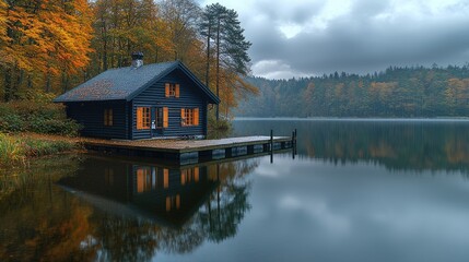 A tranquil lake scene featuring a wooden cabin during autumn