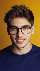 Fototapeta premium smiling young man with glasses in blue shirt with a yellow background