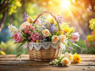 Delicate pastel blooms nestled in a rustic lace basket, a spring floral still life.