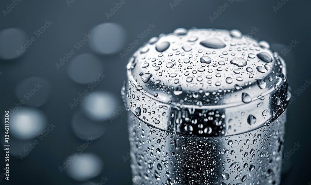 Poster close-up of water droplets clinging to a shiny chrome surface creating an abstract, wet texture.