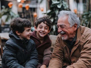 Fototapeta premium Multigenerational family gathering with grandfather and children sharing laughter, creating a joyful and loving atmosphere