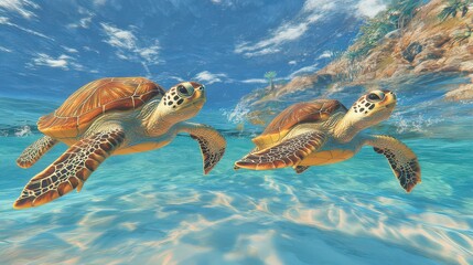 Obraz premium A peaceful ocean-themed VR exhibit with slow-moving sea turtles and soft lighting.