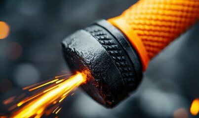 The bright sparks fly from a metal grinding process in a dark workshop, close-up shot.