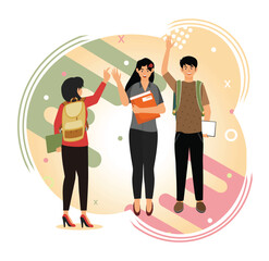 Fototapeta premium Celebrating successful project concept. Students Greeting Each Other in a Friendly.
