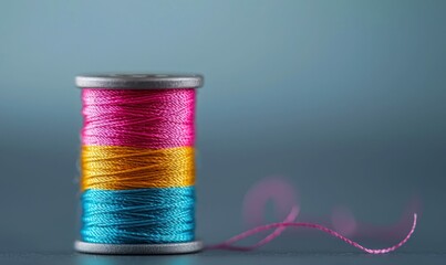 A brightly colored spool of pink, yellow, and blue thread sits ready for sewing and crafting projects.