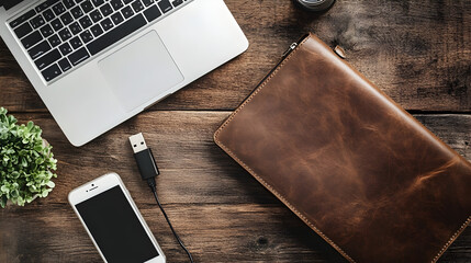 desk with tech accessories such as a Bluetooth speaker, tablet, and wireless earbuds, with a clean, minimalist look 