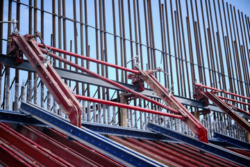 Metal framework and formwork of industrial reinforced concrete foundation. Reinforcement framework of cast-in-place structure