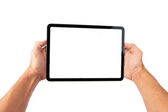 Male hands holding a digital touch screen tablet mockup isolated no background - Powered by Adobe