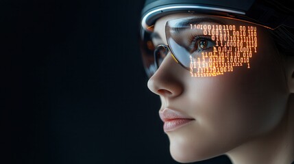 Cybersecurity phishing social engineering threats. Futuristic woman with digital overlay and smart glasses.