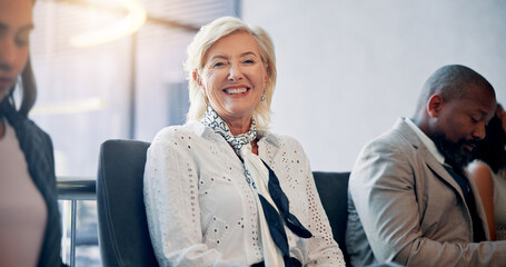 Business, meeting and portrait of mature woman for teamwork, collaboration and training....