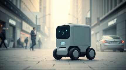 Small delivery robot moving along a sidewalk in a modern city