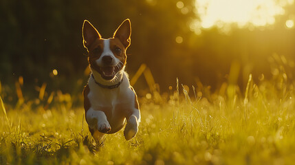 A joyful Jack Russel terrier leaps through a sunny meadow, embodying pure playfulness and freedom.