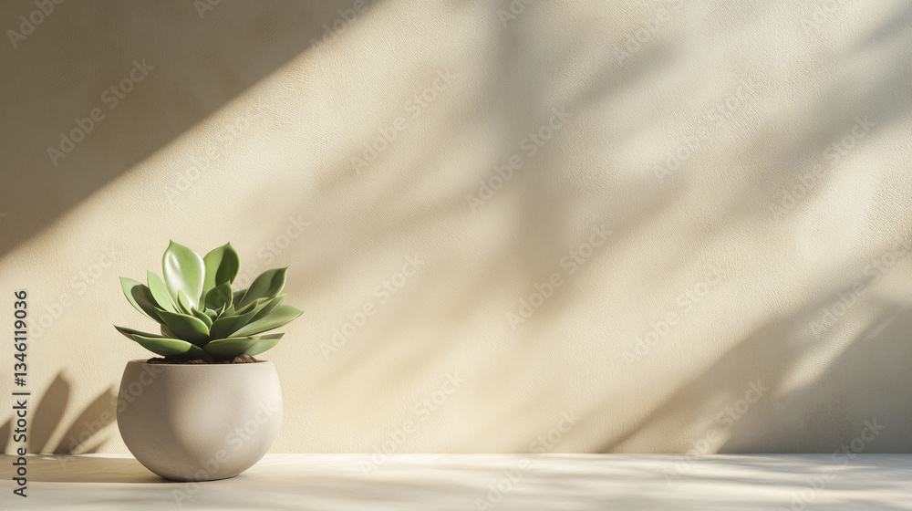 Poster a vibrant succulent sits gracefully in a light-colored pot on a simple table, illuminated by soft su