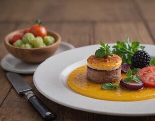 Meat garnish with sauce and vegetables. Realistic illustration