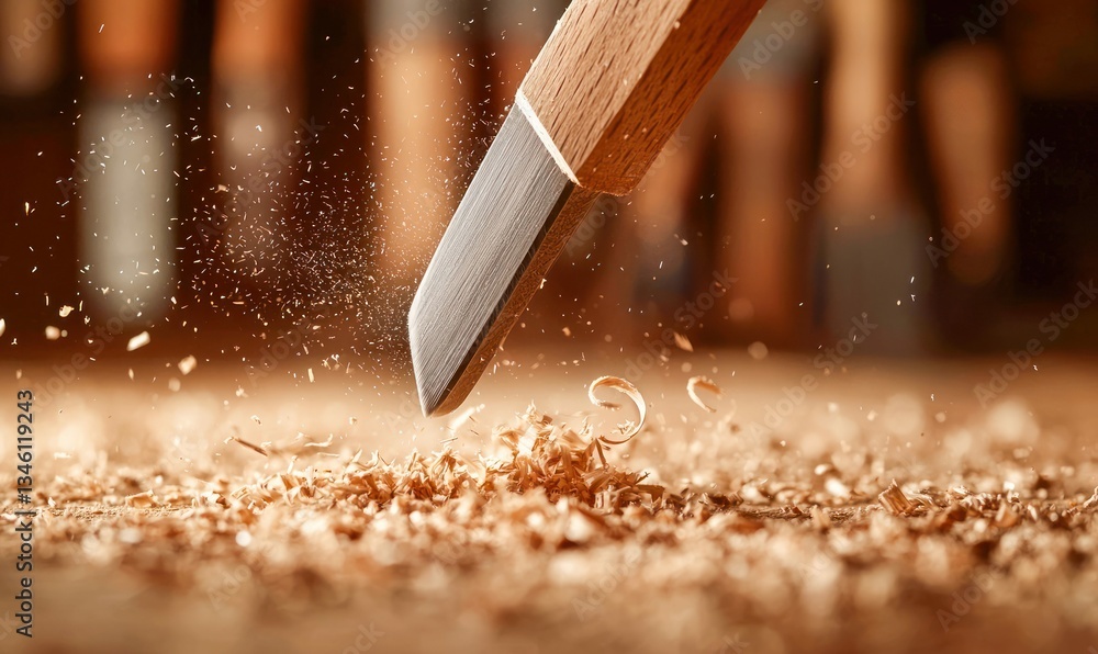 Poster a sharp chisel cuts into wood creating beautiful shavings, showcasing the art of woodworking and car