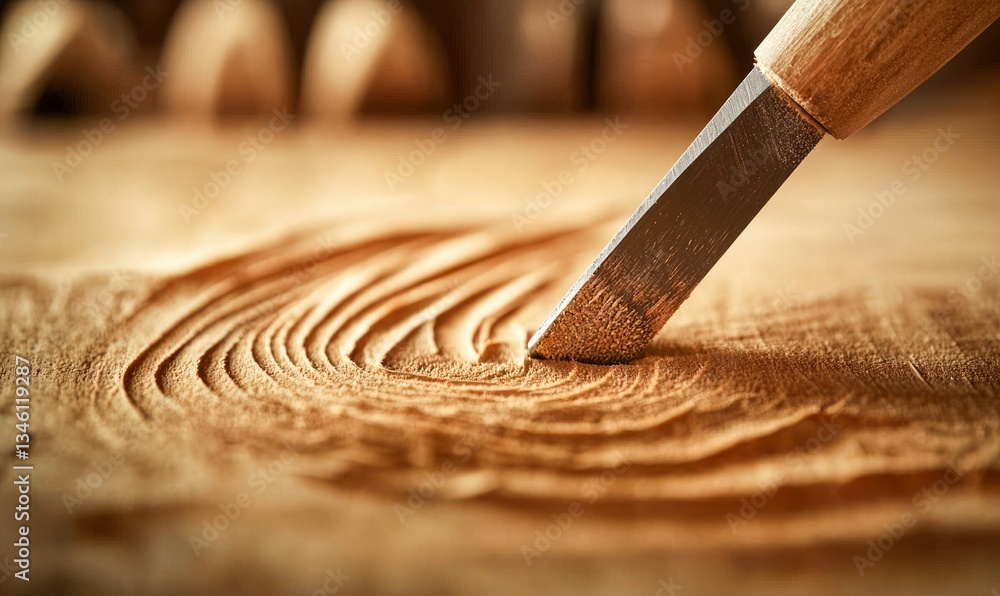 Poster a sharp chisel precisely carves concentric circles into a block of wood, showing woodcraft skill.