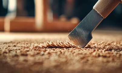 A sharp chisel precisely carves wood, creating delicate shavings in a detailed close-up.