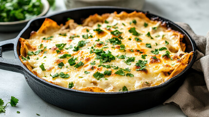 Cheesy nacho bake in cast iron skillet, topped with fresh herbs, is delightful dish