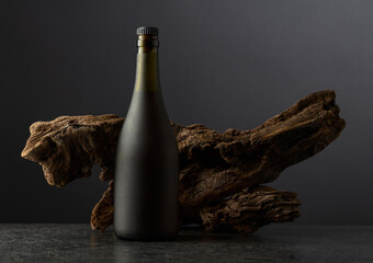 Bottle of brandy and old snag on a black background.