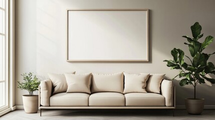A minimalist living room featuring a beige couch with three pillows, a large blank framed artwork on the wall, and a potted plant placed beside the couch in soft lighting