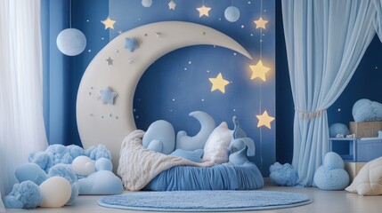 Celestial-themed nursery with moon, stars, clouds, and plush seating.