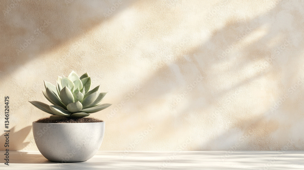 Poster a lush succulent rests in a modern pot, illuminated by warm sunlight. soft shadows dance on a neutra