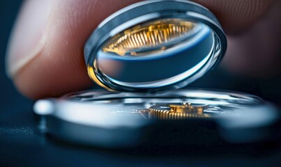 Close-up of a finger holding a watch ring, showcasing the complex internal mechanism and gears.