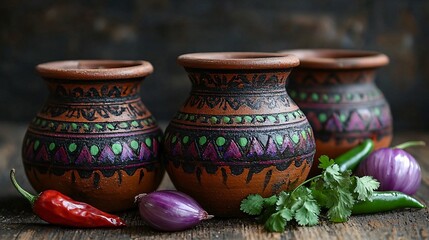 Colorful Clay Pots with Vegetables on Rustic Wooden Surface