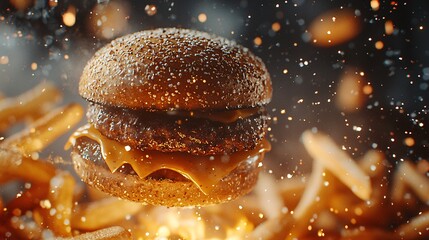 Delicious cheeseburger with fries in a floating and dramatic scene