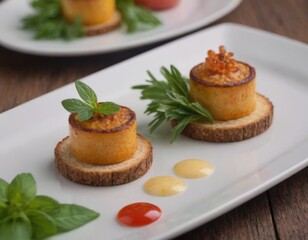 Meat snacks with sauce and vegetables. Realistic illustration