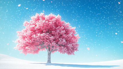 Pink cherry tree in snowy winter landscape.