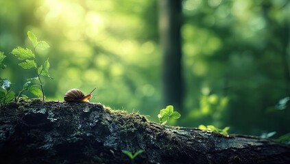 Obraz premium Snail on forest log, sunlit