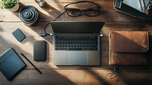 desk with tech accessories such as a Bluetooth speaker, tablet, and wireless earbuds, with a clean, minimalist look 