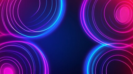 Naklejka premium Abstract background with neon blue and purple circles on a dark geometric pattern.