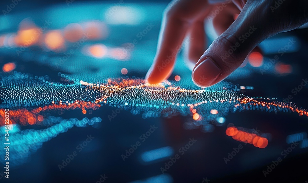 Poster a finger interacts with an abstract digital screen displaying a wave of light and data.