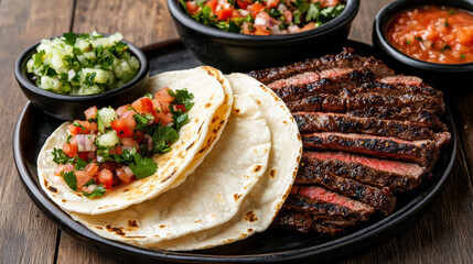 Delicious steak fajitas served with fresh pico de gallo, tortillas, and salsa