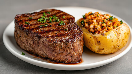 Juicy steak with grilled marks served alongside stuffed potato, creating delightful meal