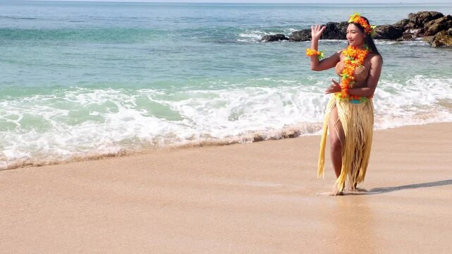Hula Hawaii dancer dancing on the sea beach