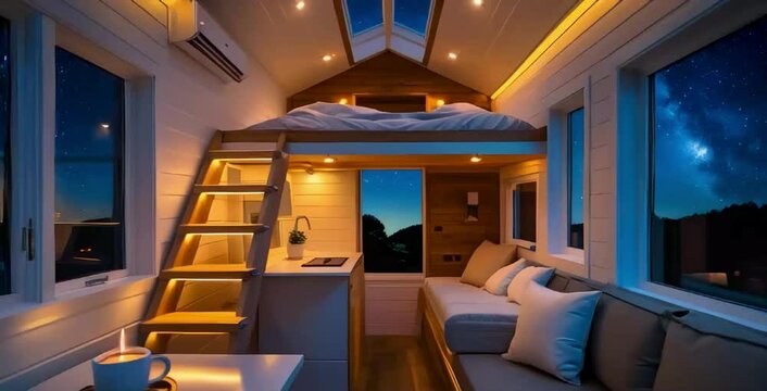 A cozy and modern tiny home interior with a minimalist design, illuminated by warm ambient lighting
