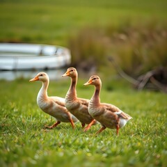 Obraz premium A family of ducks walking in a line through a grassy meadow, with a pond in the distance. by deepseek