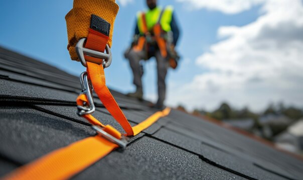 A construction worker's safety harness is secured to the roof ridge for fall protection and compliance.