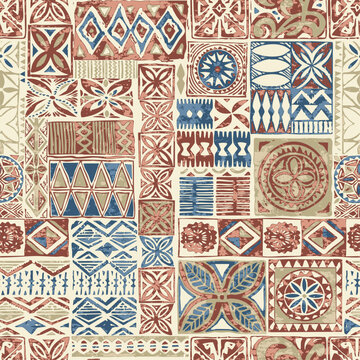 Polynesian style tribal tapa cloth elements patchwork wallpaper abstract vector seamless pattern for fabric wear shirt pillow tablecloth carpet 