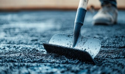 A worker spreads fresh asphalt with a shovel during road construction work, creating a smooth surface.