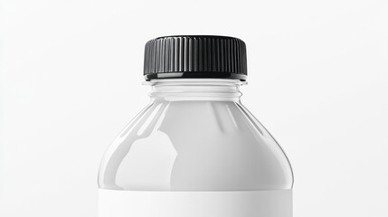 Close-up of a clear plastic bottle with a black cap and blank label.
