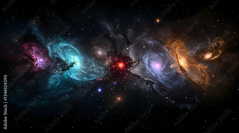 Poster vibrant multicolored nebulae and galaxies in deep space background with numerous stars and celestial