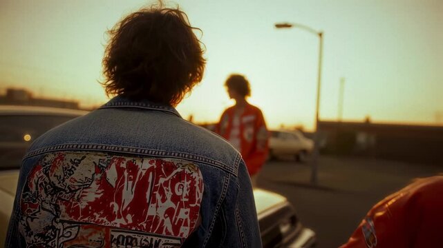 A group of stylish young people in vintage jackets gather around a classic car at sunset, bathed in golden light, evoking an iconic 80s and 90s nostalgia  
