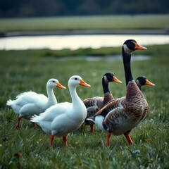 Obraz premium A family of ducks walking in a line through a grassy meadow, with a pond in the distance. by deepseek
