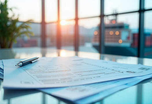 Customs documents on a table with a shipping container in the background