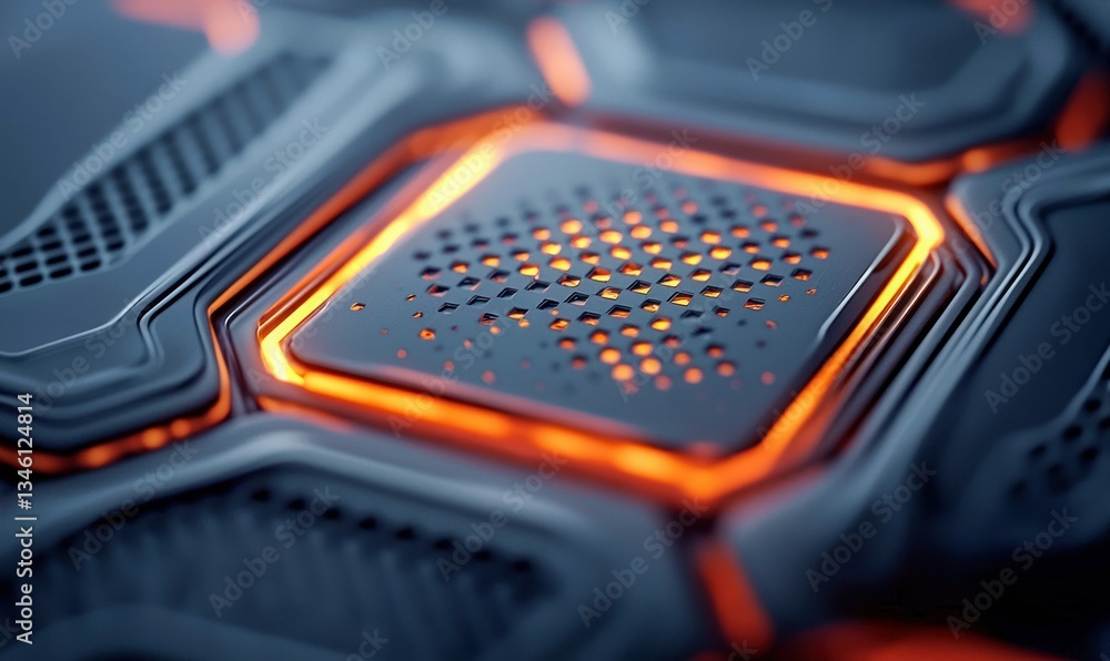 Poster close-up of an advanced microchip with a complex structure and vibrant orange glow highlighting its 