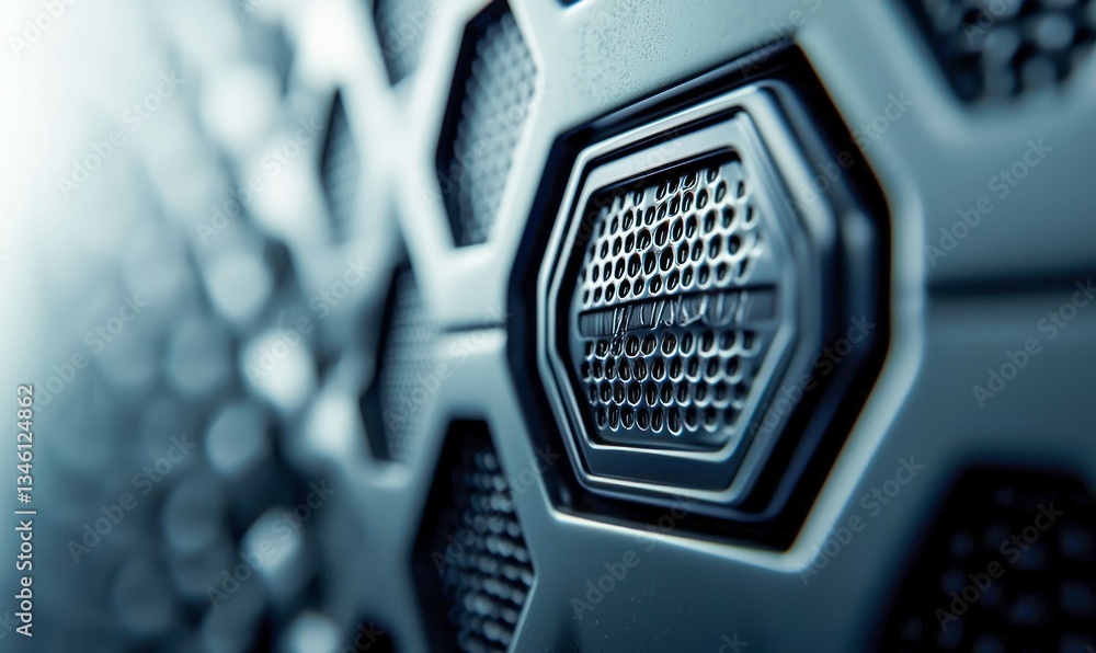 Aufkleber a close-up shows a hexagonal metal grille with an intricate honeycomb pattern and reflective surface